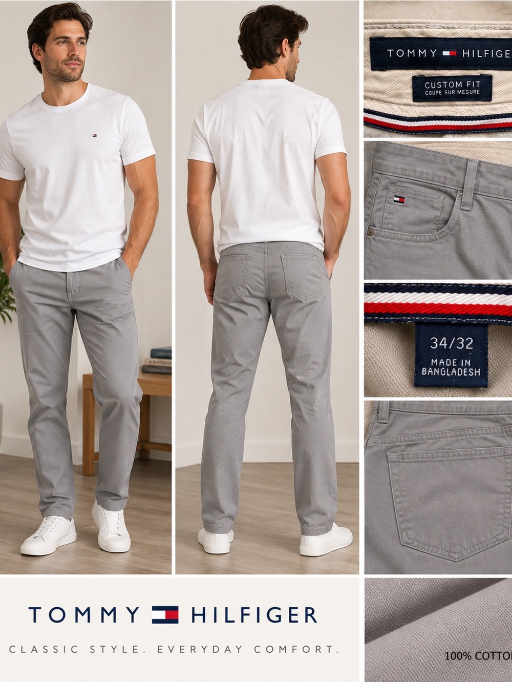 Tommy Hilfiger Men’s Custom Fit Gray Pants 34x32 100% Cotton